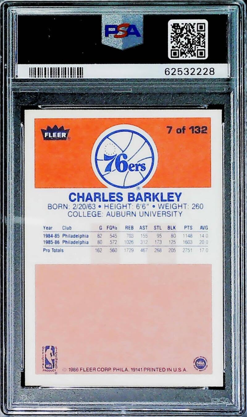 1986-87 Fleer #7 Charles Barkley Philadelphia 76ers RC Rookie PSA 7 NM Official NBA Basketball Trading Card