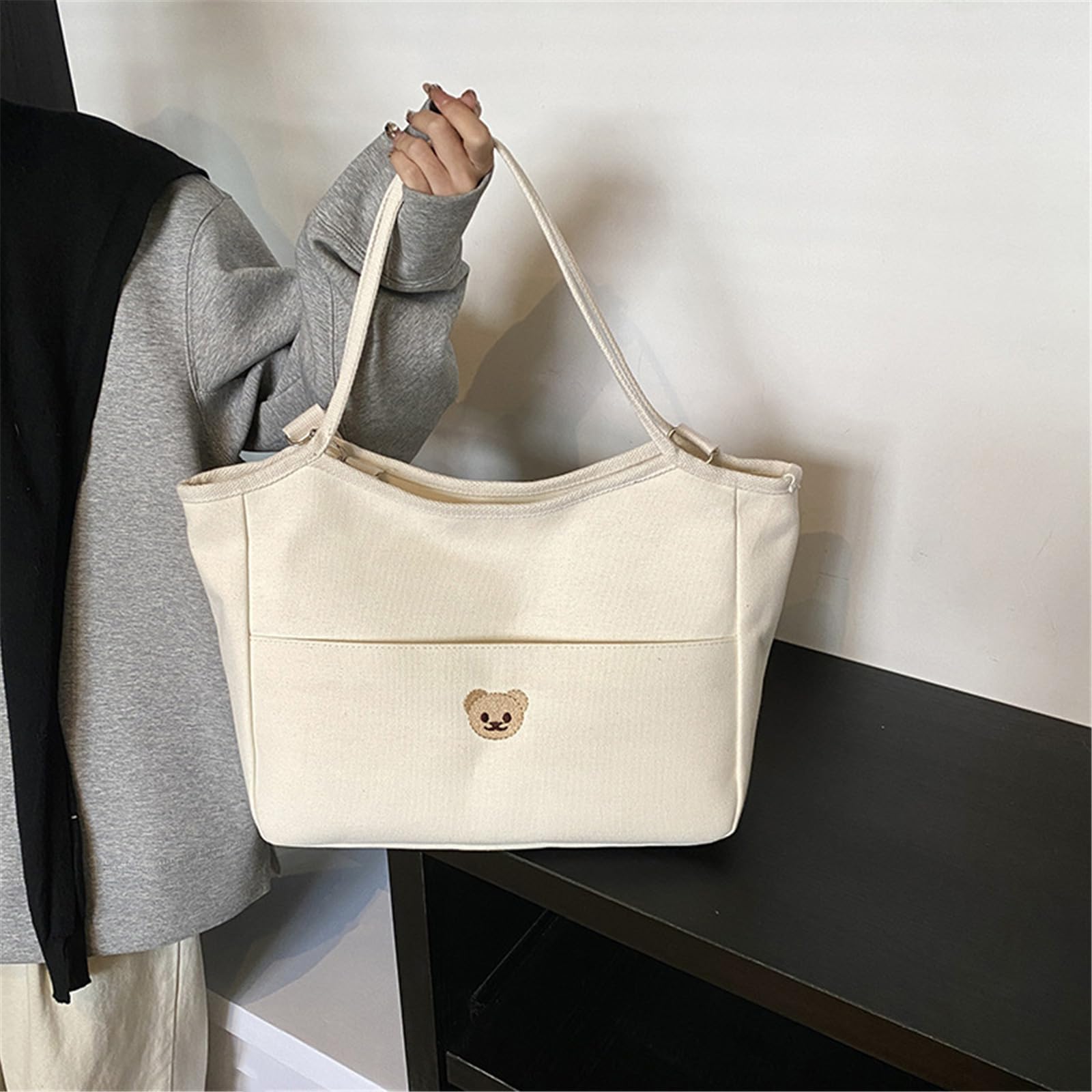 Borsa per pannolini premaman in cotone, grande capacità, con ricamo a orso e comode tracolle, borsa per pannolini da viaggio, borsa essenziale per maternità