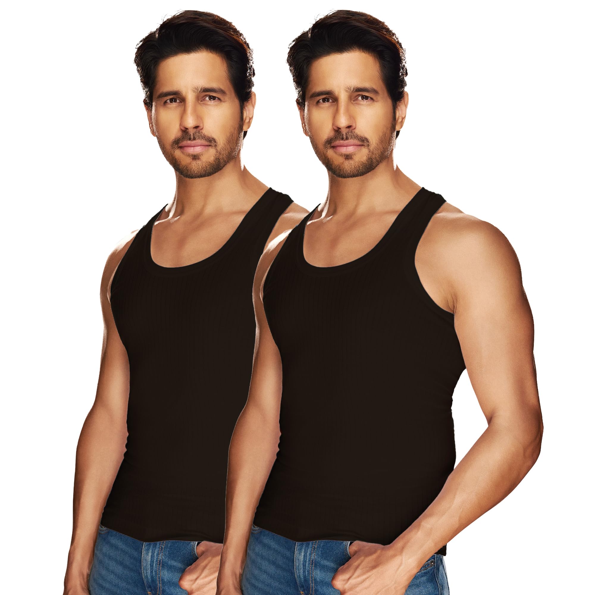 sporto Men's 100% Ribbed Cotton Sleeveless Vest | Solid Round Neck Tank Top Innerwear | Itch-Free, Soft & Comfortable Regular Fit Undershirt | Parka Vest | Pack of 2 Black-picture-16