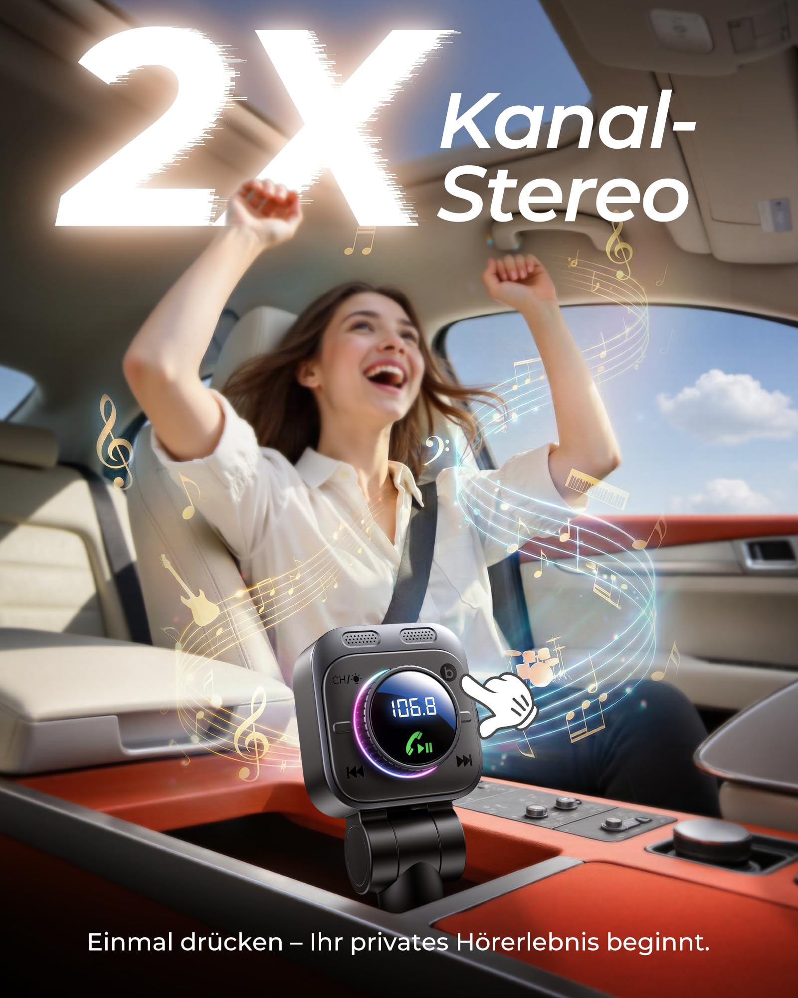 LENCENT 72W FM Transmitter Auto Bluetooth 5.4, Bluetooth Adapter Auto mit ausziehbarem Ladekabel, Zigarettenanzünder USB-C, Bass & Freisprecheinrichtung, Musik Adapter, 180° drehbar für iPhone 16/15