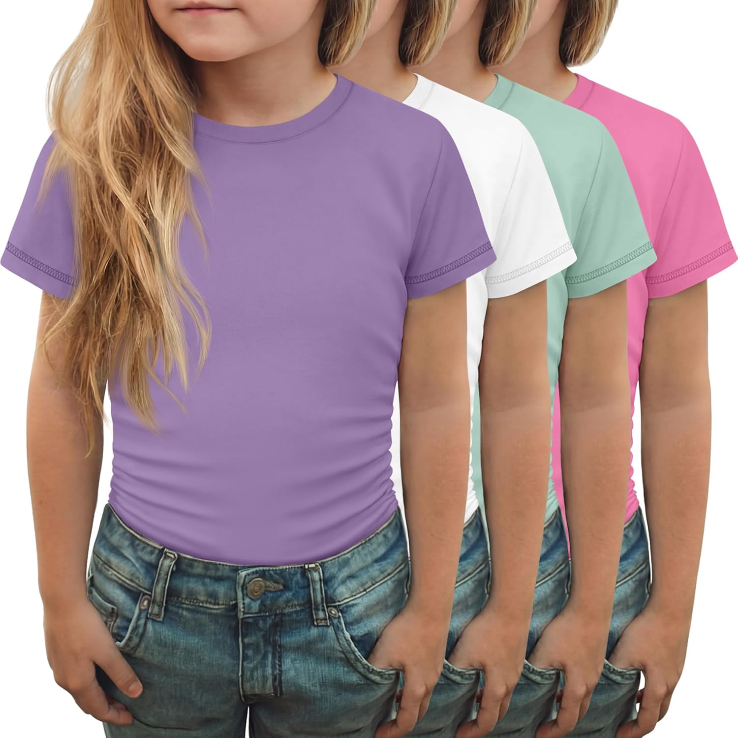 4 Pack Girls Short Sleeve T-Shirts Kids Crewneck Ruched Side Shirts Slim Fit Casual Summer Basic Tees 5-14 Years