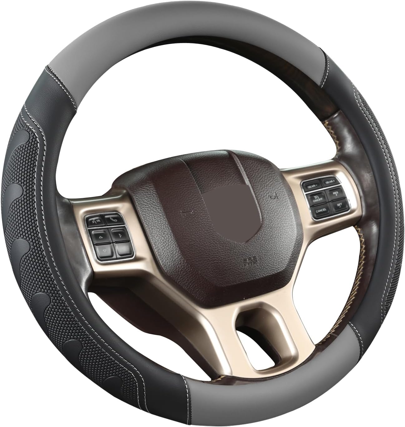 GIANT PANDA Car Steering Wheel Cover for RAM 1500 2500 3500, Compatible with Dodge RAM 15.5-16 inches - Black+Gray