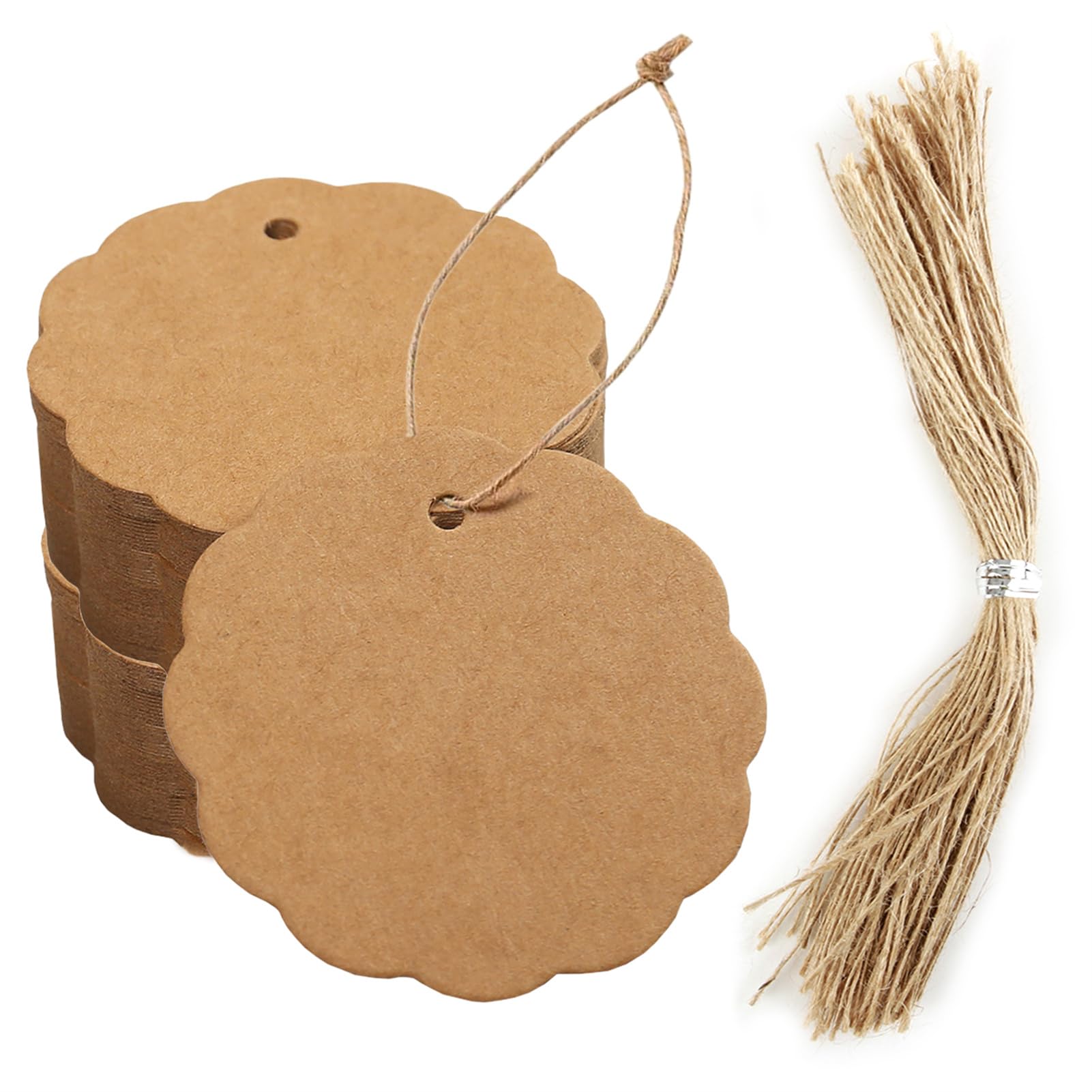 Fudioten Brown Gift Tags With String, 100 Pcs Kraft Paper Gift Tags Wavy Round Hang Craft Gifts Tag For Presents Gifts Wrapping Diy Crafts