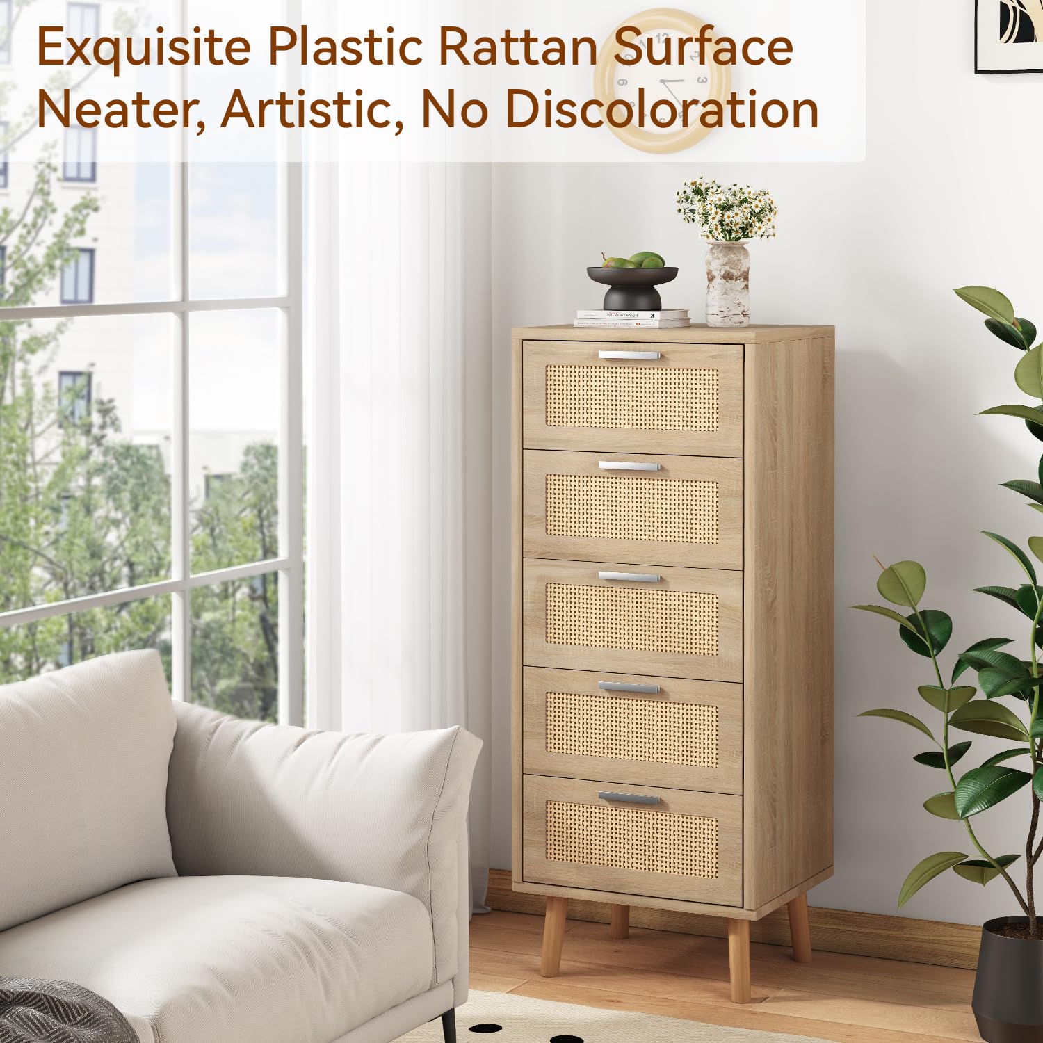 IBUYKE Rotin Commode avec 5 Tiroirs,Pieds en Bois,Natur WST010N | Meuble de Rangement, Décorations en Rotin,40 x 34 x 108 CM,pour Coucher, Salon, Entrée,Chambre d'enfant