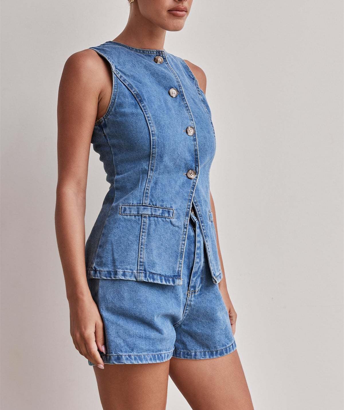 Gilet Jeans Donna,Gilet In Denim Senza Maniche Da Donna Scollo Rotondo Abbottonato Giacche In Jeans Aderenti Gilet In Denim Da Donna Vintage Casual Streetwear Giacca In Denim Nera Gilet Azzurro Chia