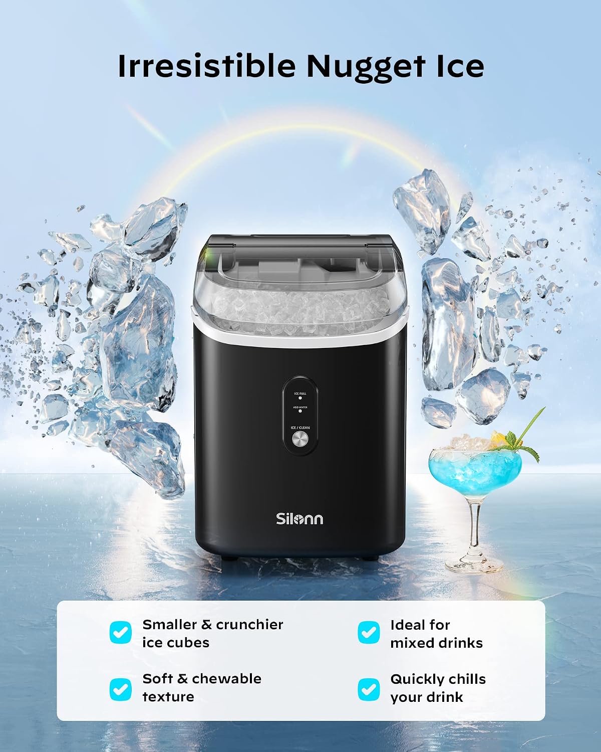 Silonn Nugget Ice Maker Countertop - Pebble Ice Maker Machine with Self-Cleaning Function, 33lbs/24H, Ice Makers for Home Kitchen Office, Black