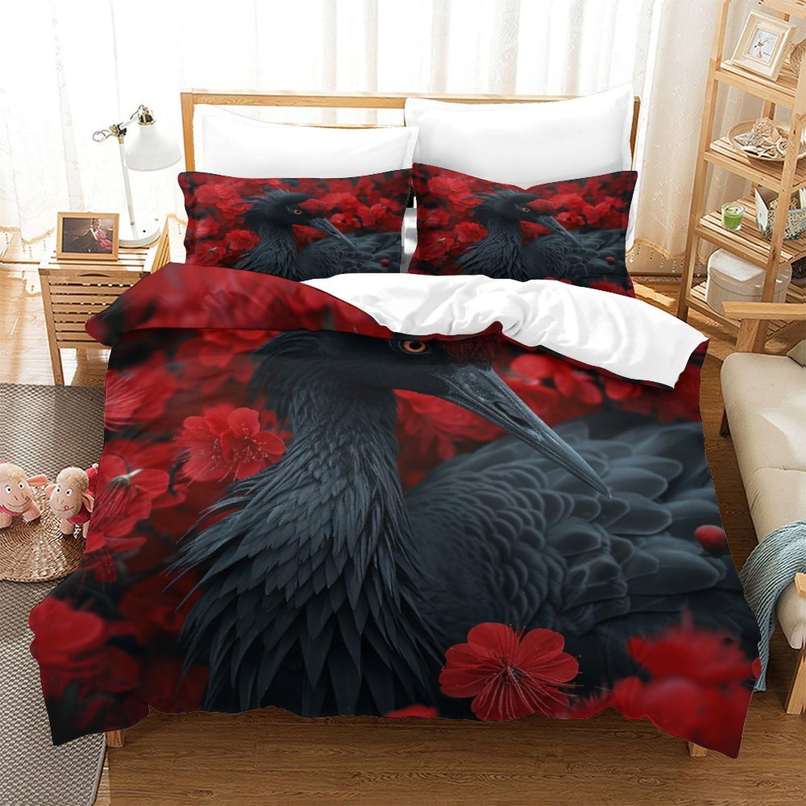 P1S9U7W5Y 3D Printed Peacock Red Peony 3pcs Duvet Cover Set Microfiber Floral Bedding Set Double（200x200cm）