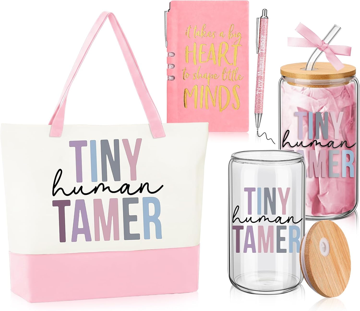 Gueevin Daycare Teacher Appreciation Gifts Set Tiny Humans Tamer Preschool Kindergarten Teachers Gifts for Babysitter Mom Women Daycare Includes Tote Bag, Glass Cup, A5 Notebook & Pen(Green)