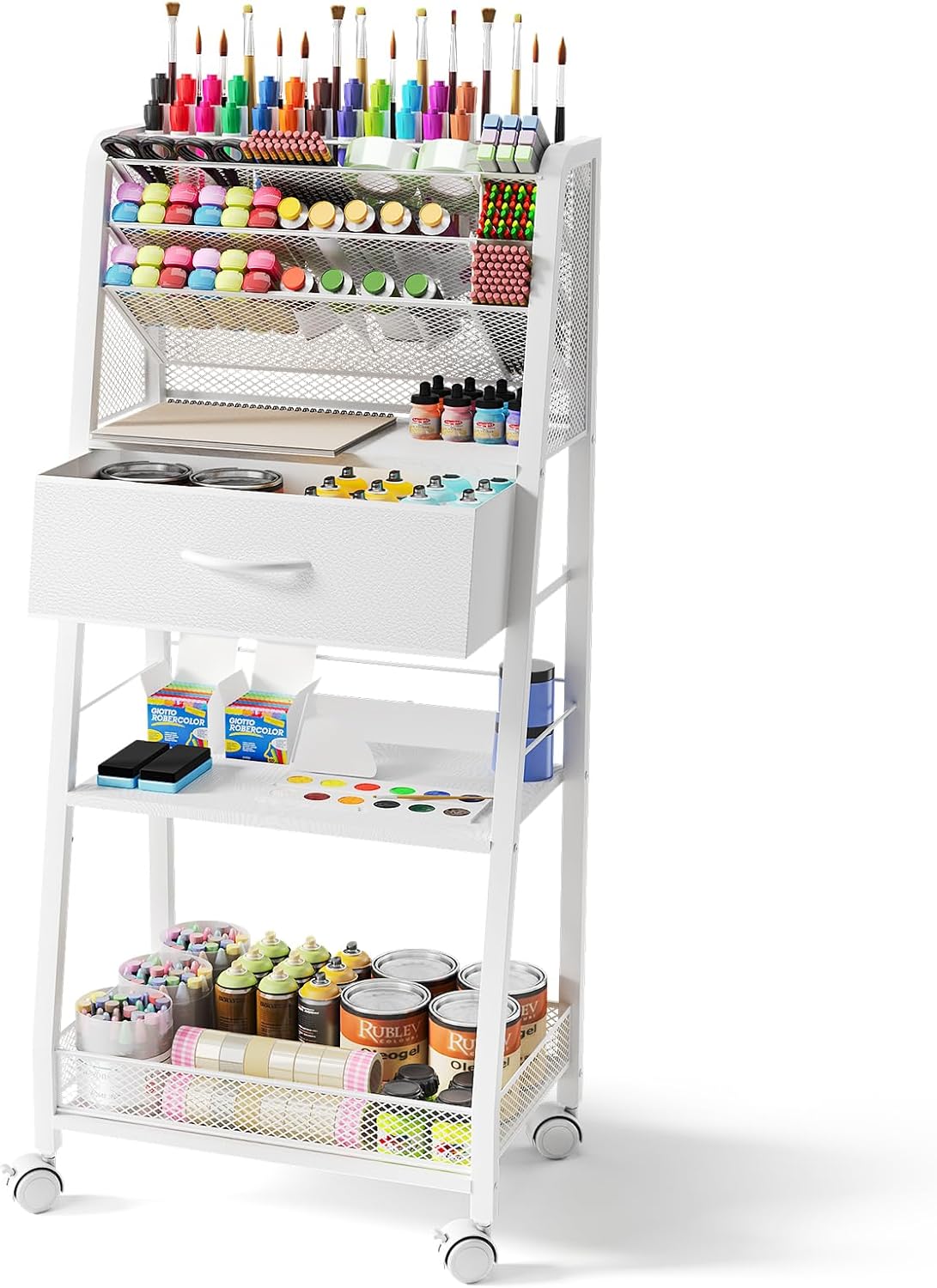 3 Tier Rolling Cart - Metal Utility Cart with Storage Drawer and Wheels, Versatile Art & Craft Organizer for Home, Office, or Studio - Ideal for Storing Brushes, Paints, and Supplies?White?