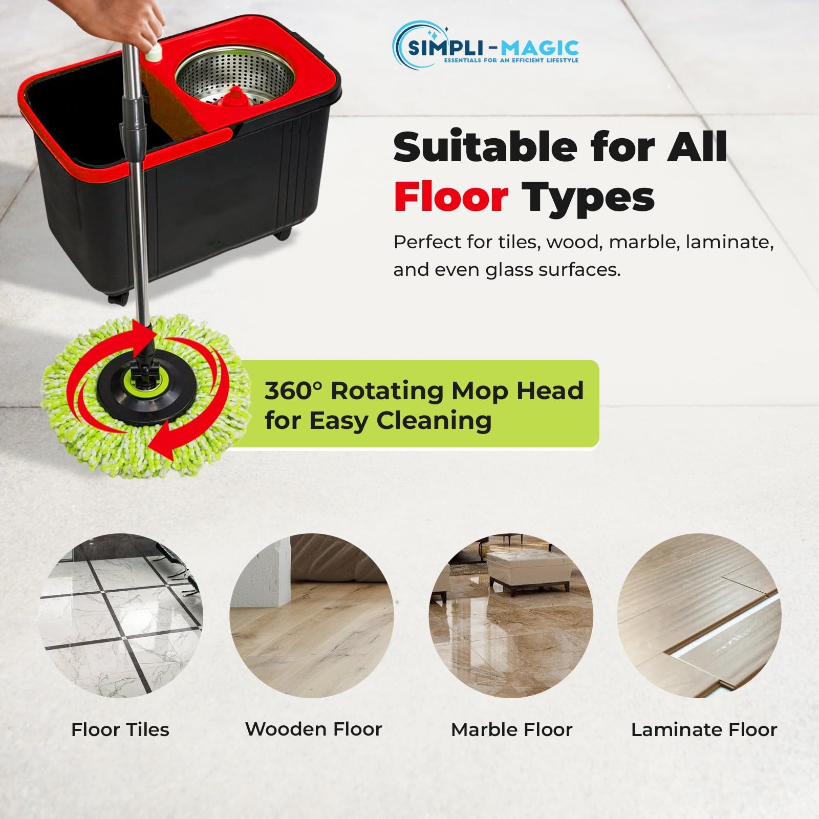 Simpli-Magic Spin Mop und Eimer mit Auswringer-Set, 360° drehbares Wischmopp-Eimer-System mit 3 Mikrofaser-Wischmopp-Ersatzköpfen und verstellbarem Griff aus Edelstahl für die Bodenreinigung