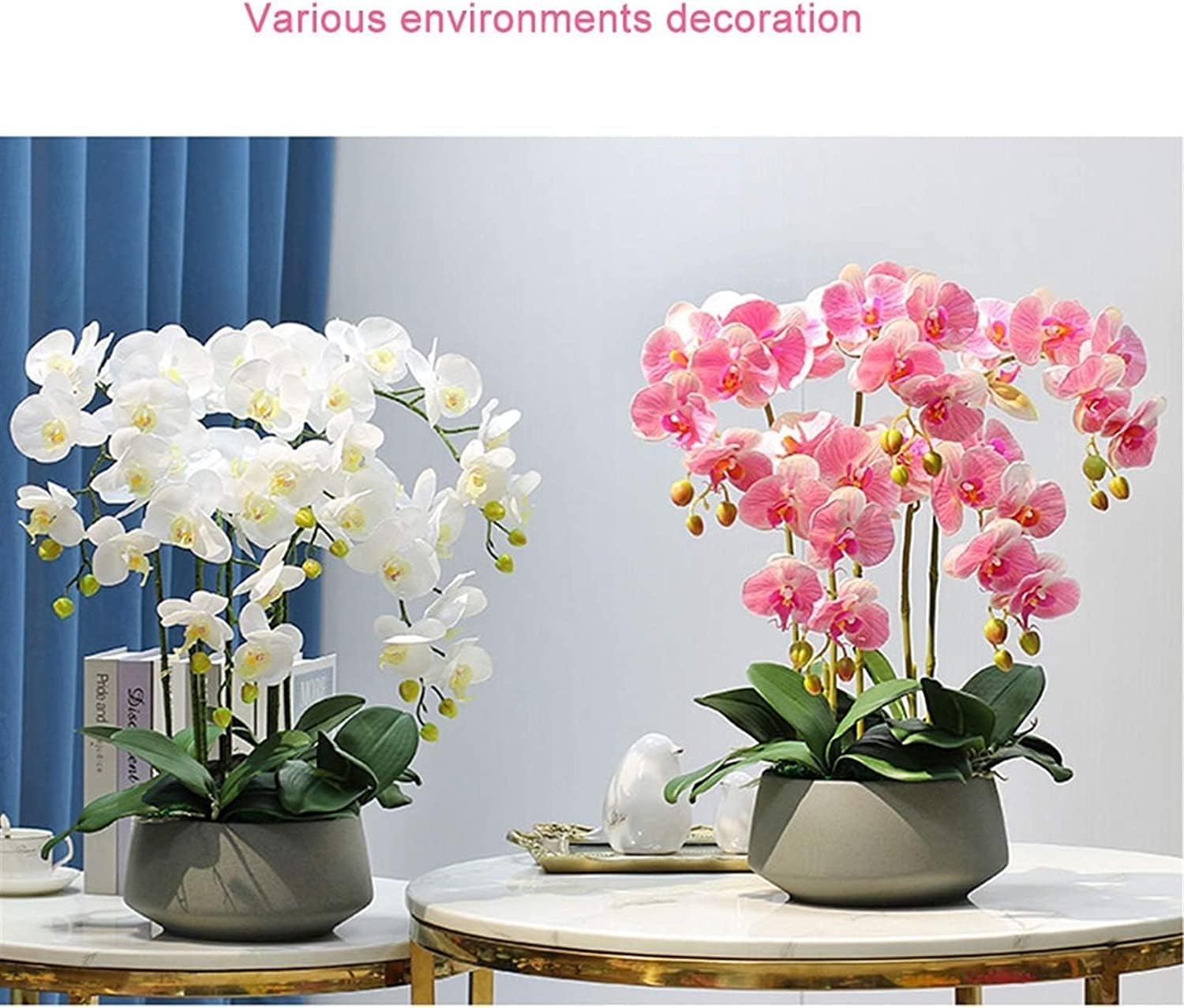 Orquídea Artificial Flores Phalaenopsis Artificiales de 60 cm con Jarrón de Cerámica Decoración Elegante de Orquídeas Falsas en Maceta Flor Artificial, Rosa Roja