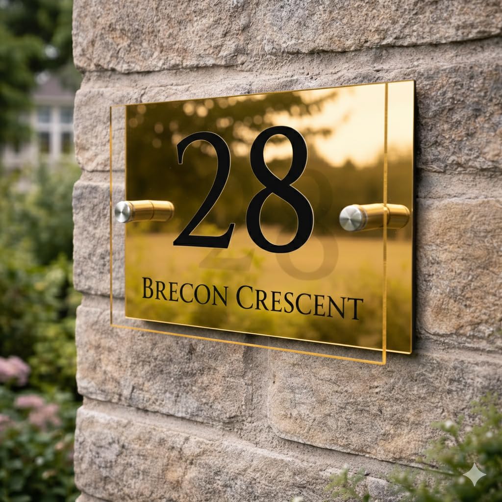 Personalised House Numbers Plaques by Blitz Craft | Glass Effect Acrylic and Gold Mirrored Finish | Custom Address Text with Door Numbers for Outside, Weatherproof Design with Fixings (200x130mm)