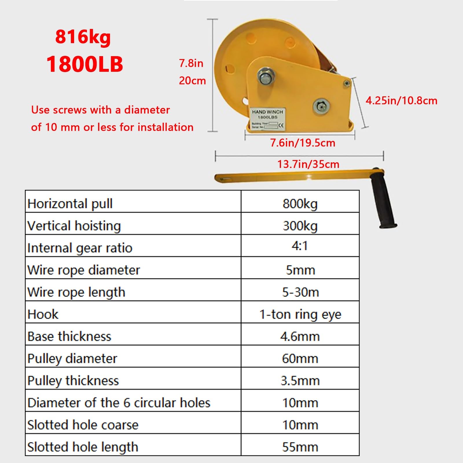 1200/1800/2600LBS ręczna wciągarka ze stalową liną i hakiem