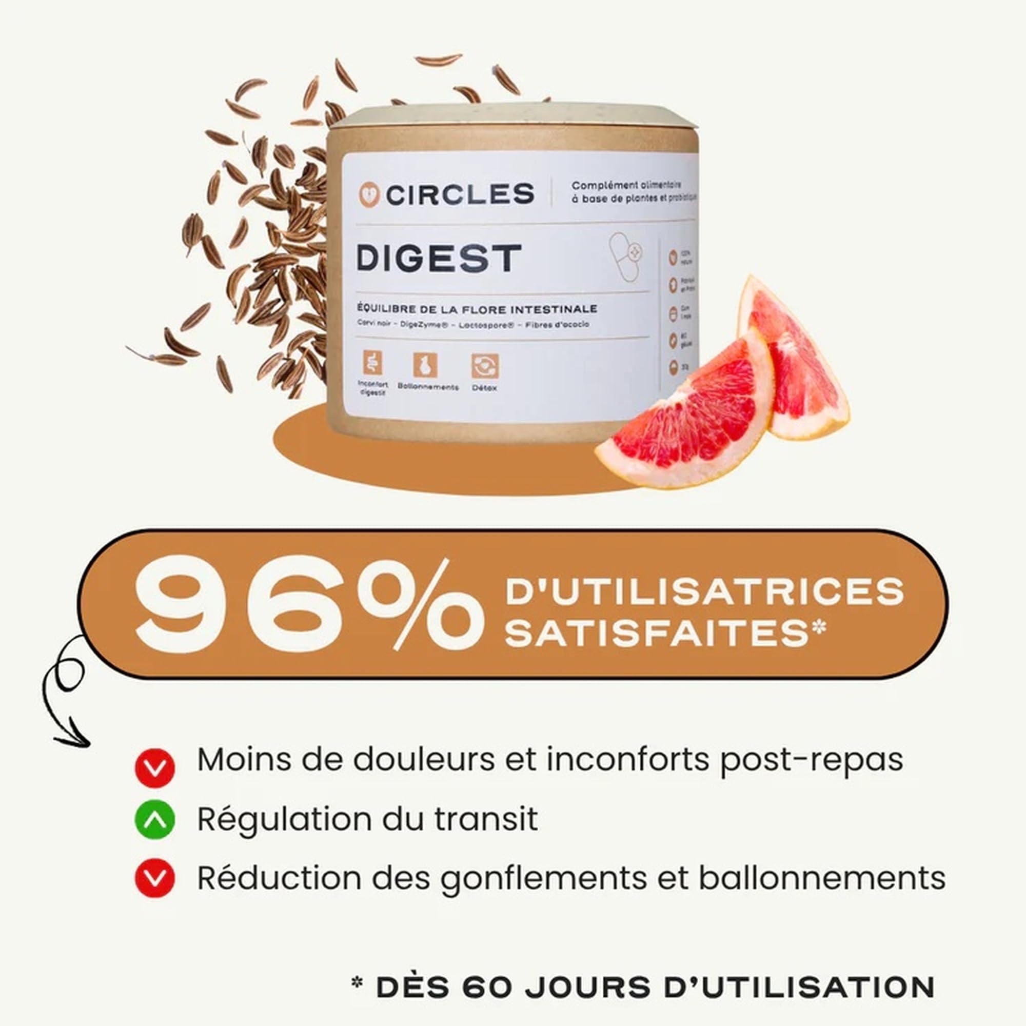 Circles DIGEST Probiotique Femme Bacillus Coagulans Lactospore Enzymes Digestives DigeZyme Flore Intestinale 60 Gélules Vegan
