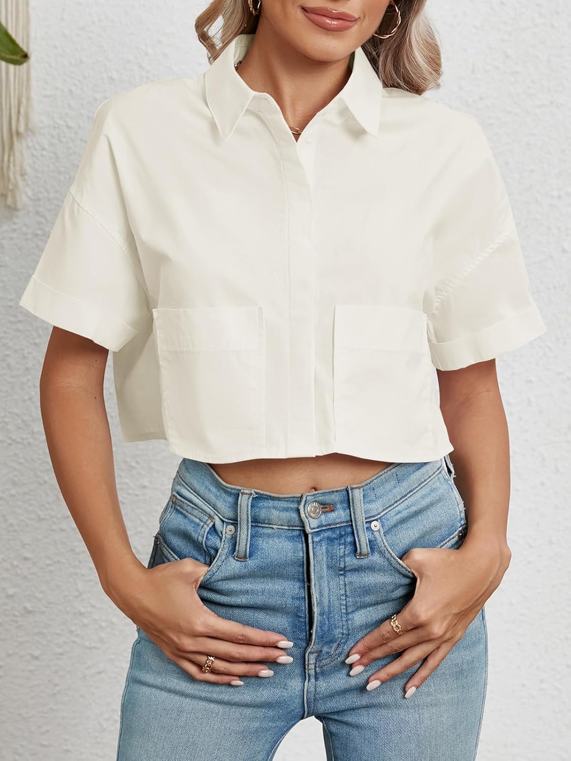 Tankaneo Womens Button Down Shirts Cropped Short Sleeve Casual Crop Tops Blouses with Pockets - Image 4