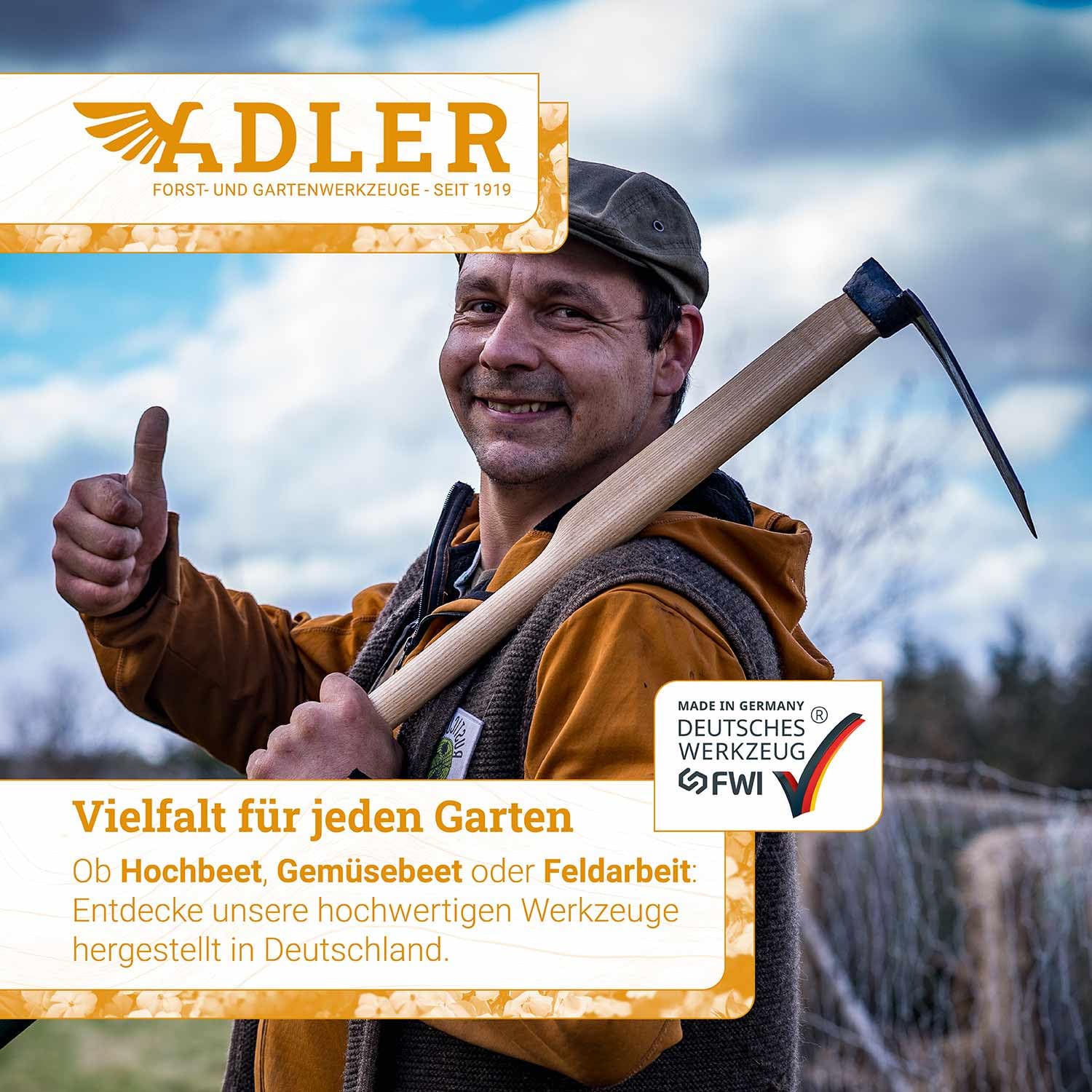 ADLER Feldhacke Gartenhacke – 105/135 cm FSC®-Eschenstiel, geschmiedeter C45-Stahl, Blatt 180x120 mm, Heilbronner Hacke, robust & langlebig, ideal zum Auflockern von Böden (Natur, L - 1350 mm)