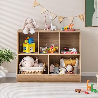 HONEY JOY Toy Storage Organizer with Bookcase, 5-Cubby Children Bookshelf Toy Storage Cabinet, Open Kids Toy Storage Shelf Book Display Rack for Playroom, Bedroom, Kindergarten, Nursery, School