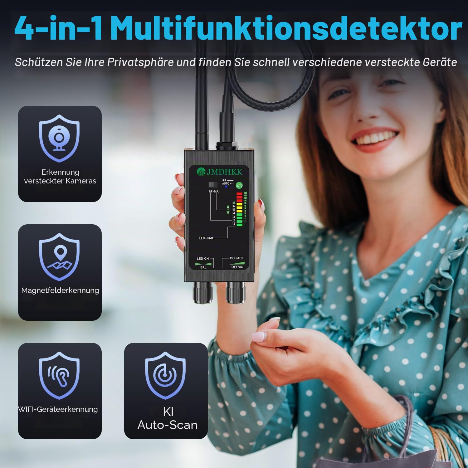 JMDHKK M8000 Versteckter Kamera-Detektor, Wanzenfinder, Kamera-Suchgerät, Abhörgeräte-Detektor für Hotels, Reisen, Fahrzeuge, Büros und öffentliche Umkleidekabinen (Schwarz)