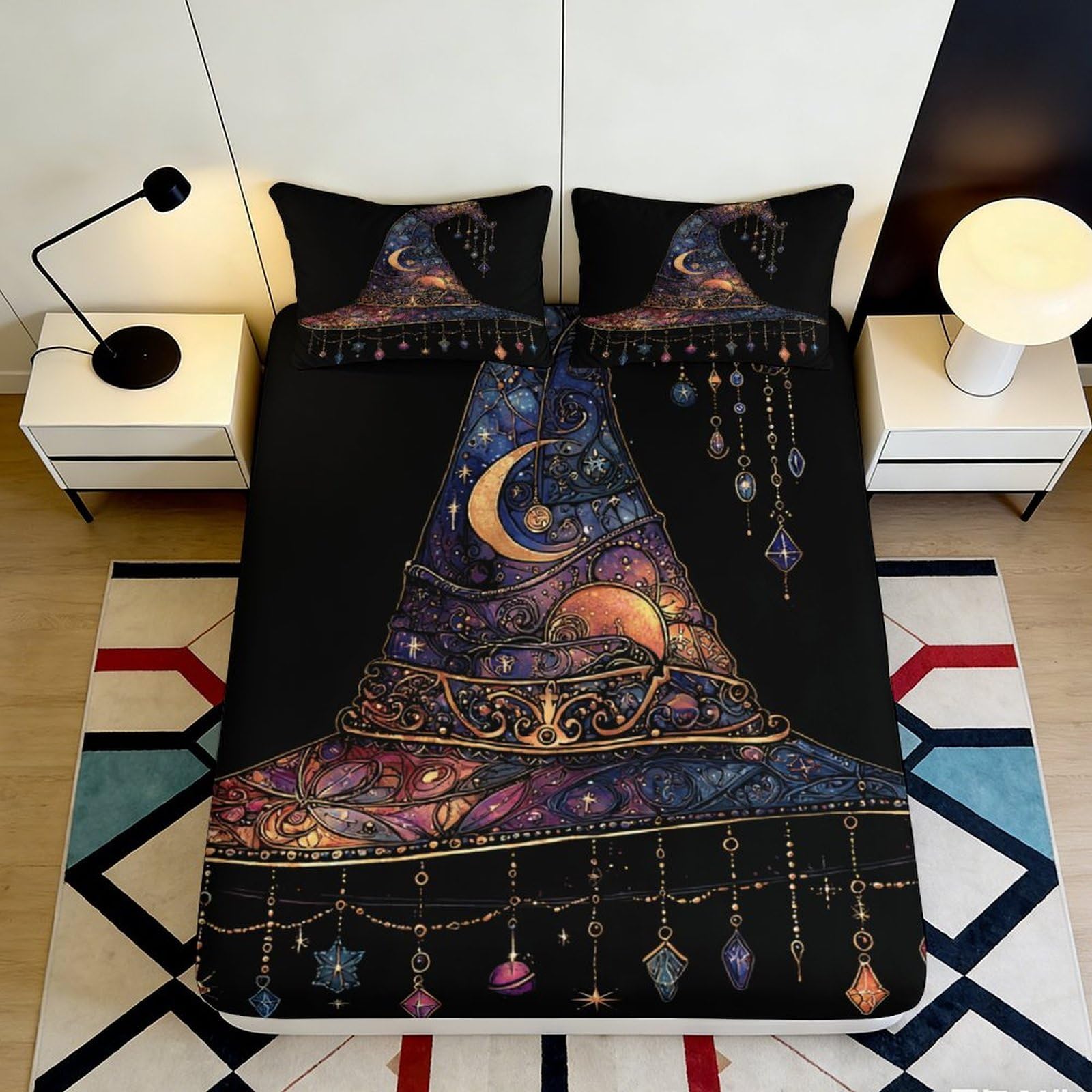 3D Printed Mystic Witch Hat Fitted Sheet Microfiber Soft Durable Celestial Moon Mattress Cover for Bedroom Dormitory Guest Room Bed Protection 180x200x25cm