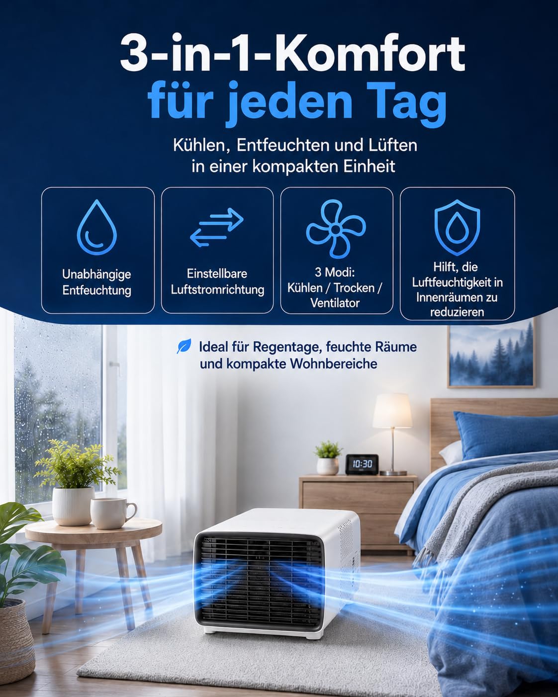 Tragbare Klimaanlage, 2700 BTU, 3-in-1, für Haus und Wohnwagen | Kühlen, Entfeuchten und Lüften von Haus und Wohnwagen; Nachtmodus, Fernbedienung, Timer und Abgasrohr
