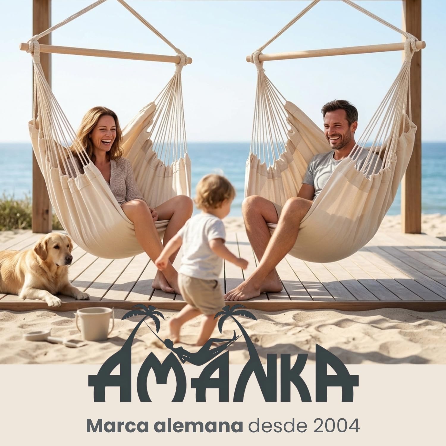 AMANKA Hamaca XXL para Toda la Familia | Asiento suspendido 190x140cm | 100% algodón | Hamaca para el jardín Peso máximo soportado 150 kg | Color Azul Pacifico