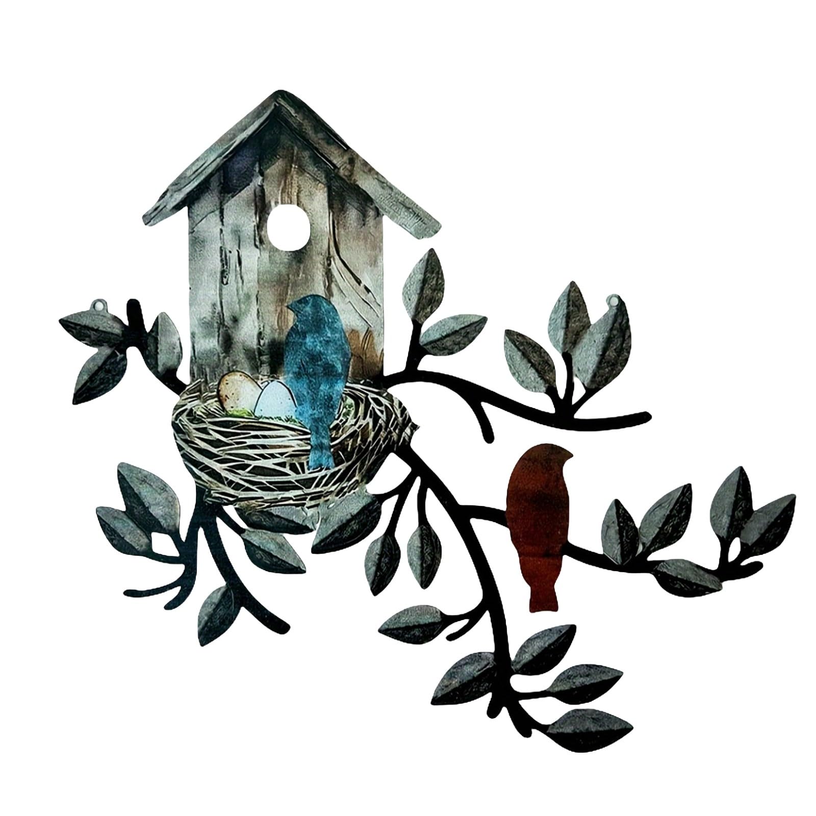 PetPhindU Metal Bird Wall Art Decor Metal Hanging Tree with Birdhouse Outdoor Wall Decor Birdhouse Wall Art Hanging Metal Wall Decor for Indoor Outdoor Garden (Color 2,11.8 * 10.6in)