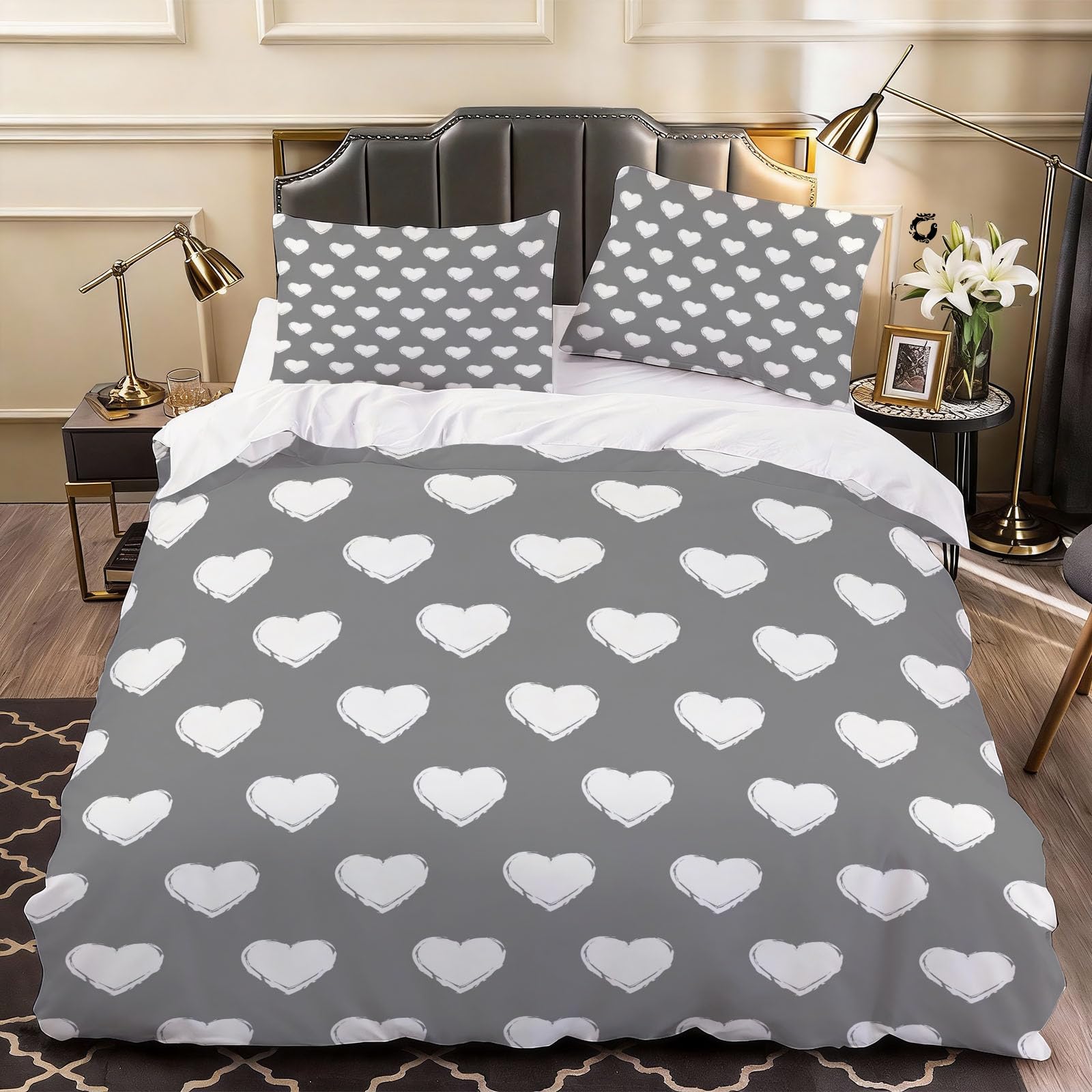 3D Hearts Duvet Cover Cartoon Bedding Single Bed Set, Soft Microfiber Comforter Cover Printed with Zipper Closure Quilt Coverr 135x200 cm and 2 Pillowcases