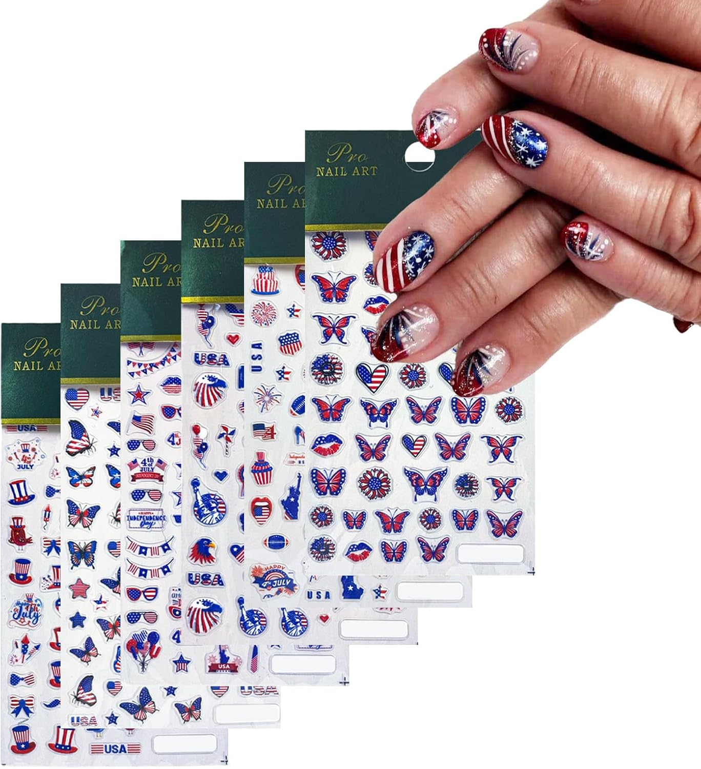 4th of July Nail Stickers for Nail Art 3D Self Adhesive Independence Day Nail Art Stickers American Flag Stars Letters 5D USA Nail Decals Fourth of July Design Sticker for Women 6 Sheets