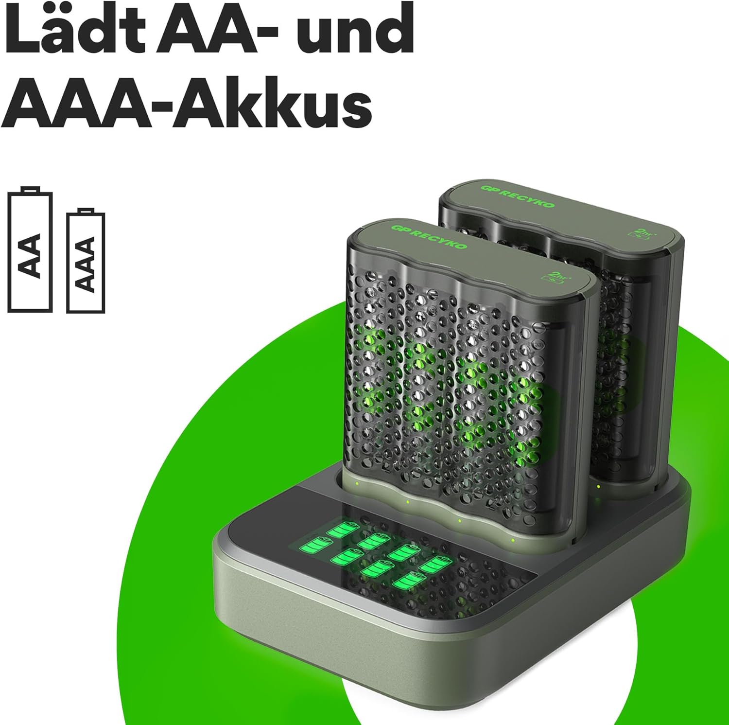 Graphic indicating compatibility of the GP RECYKO M452 charger with both AA and AAA size rechargeable batteries.