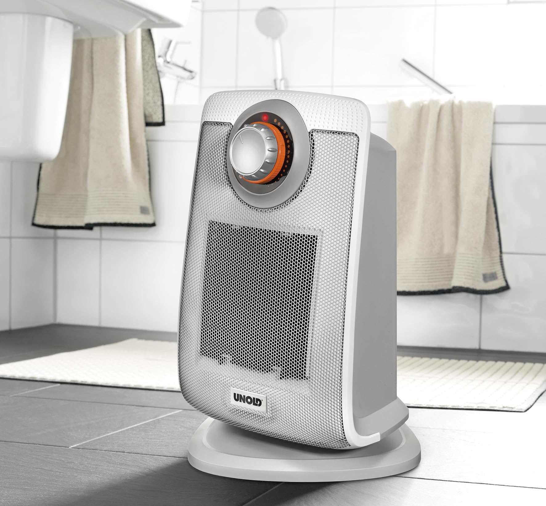 Unold 86440 ceramiczny termowentylator – biały, do 2000 W, funkcja wentylatora, 4-stopniowy termostat, oscylujący 75°, lekki i cichy, ochrona przed przegrzaniem, uchwyt do noszenia, ochrona IP21