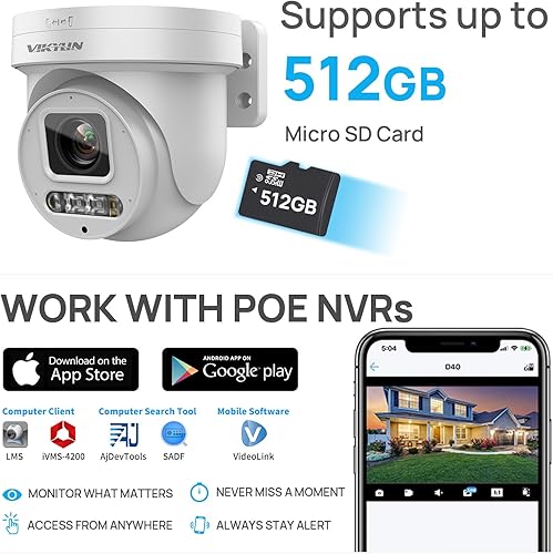 Miniatura 6 de Compatible con Hikvision 4K PTZ 8MP cámara IP PoE a todo color, zoom óptico 5X 2.7  0.531 in, detección de humanos y vehículos AI, focos de 98 pies