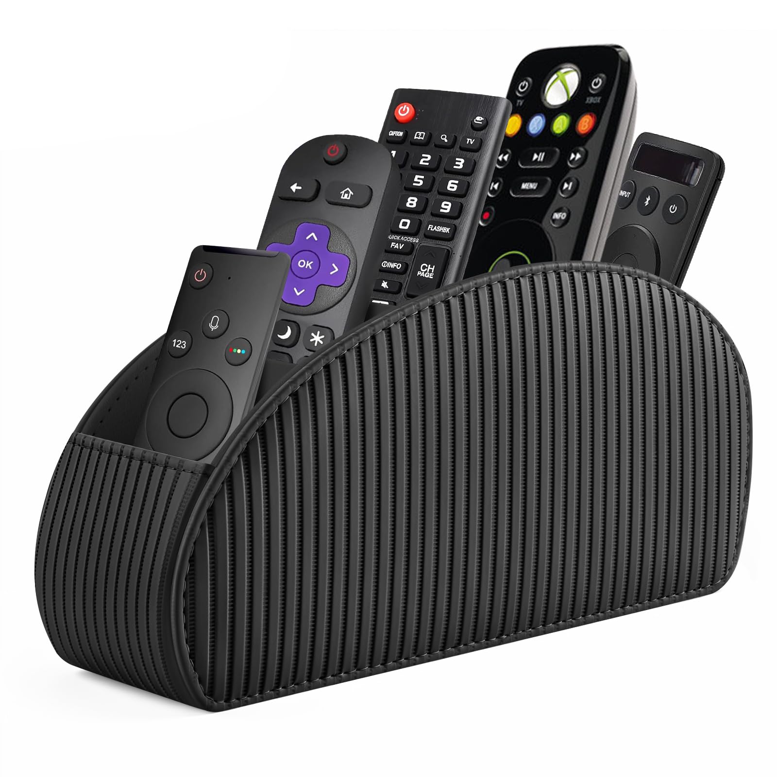 SITHON Remote Control Holder with 5 Compartments | PU Leather Remote Caddy Desktop Organizer Store TV, DVD, Blu-Ray, Media Player, Heater Controllers, Stripe Black