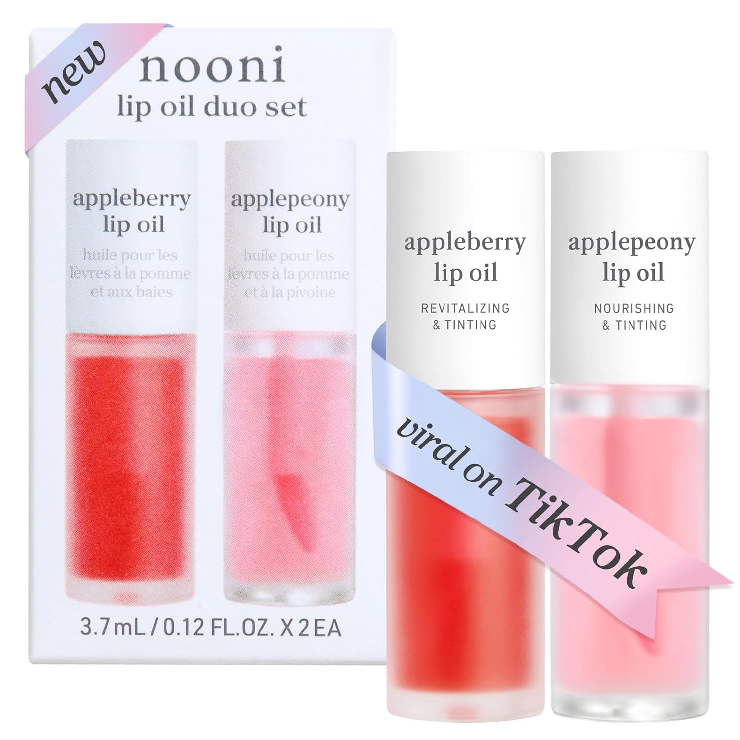 NOONI Korean Lip Oil Set - Appleberry & Applepeony - Long-Lasting, Moisturizing, Revitalizing - Waterproof, No Peel Off, Stocking Stuffers (3EA, 0.12 fl oz)