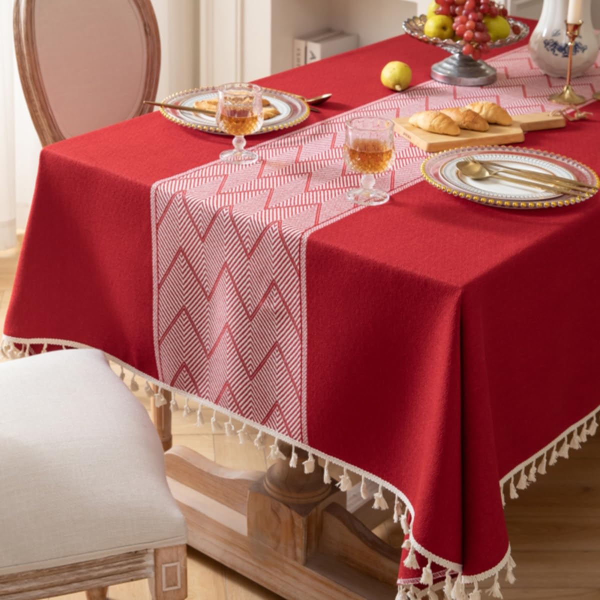 Mantel de algodón y lino con flecos para cocina, comedor y mesa de café, lavable a máquina, rojo, 140 x 260 cm