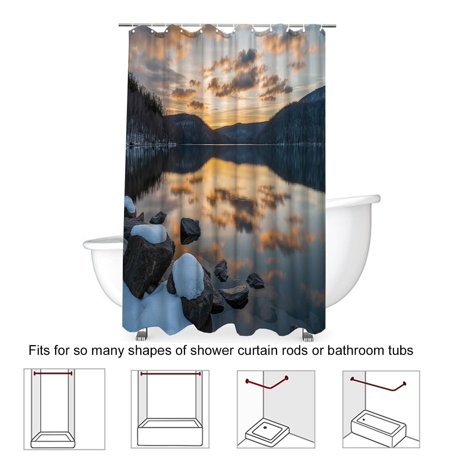 Rideau Douche,Rideau Baignoire Lavable en Machine Rideaux Douche Tissus Lavable Rideau De Baignoire Lavable pour Salle De Bain Domicile Baignoire Famille,Lac Sunset,
