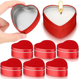 Vesici 6 Pcs Heart Shaped Candle Tin Valentine Sealed Empty Candle Jar Container Metal Can Box with Lids for Mother's Day Wedding(Red,6.5 oz)