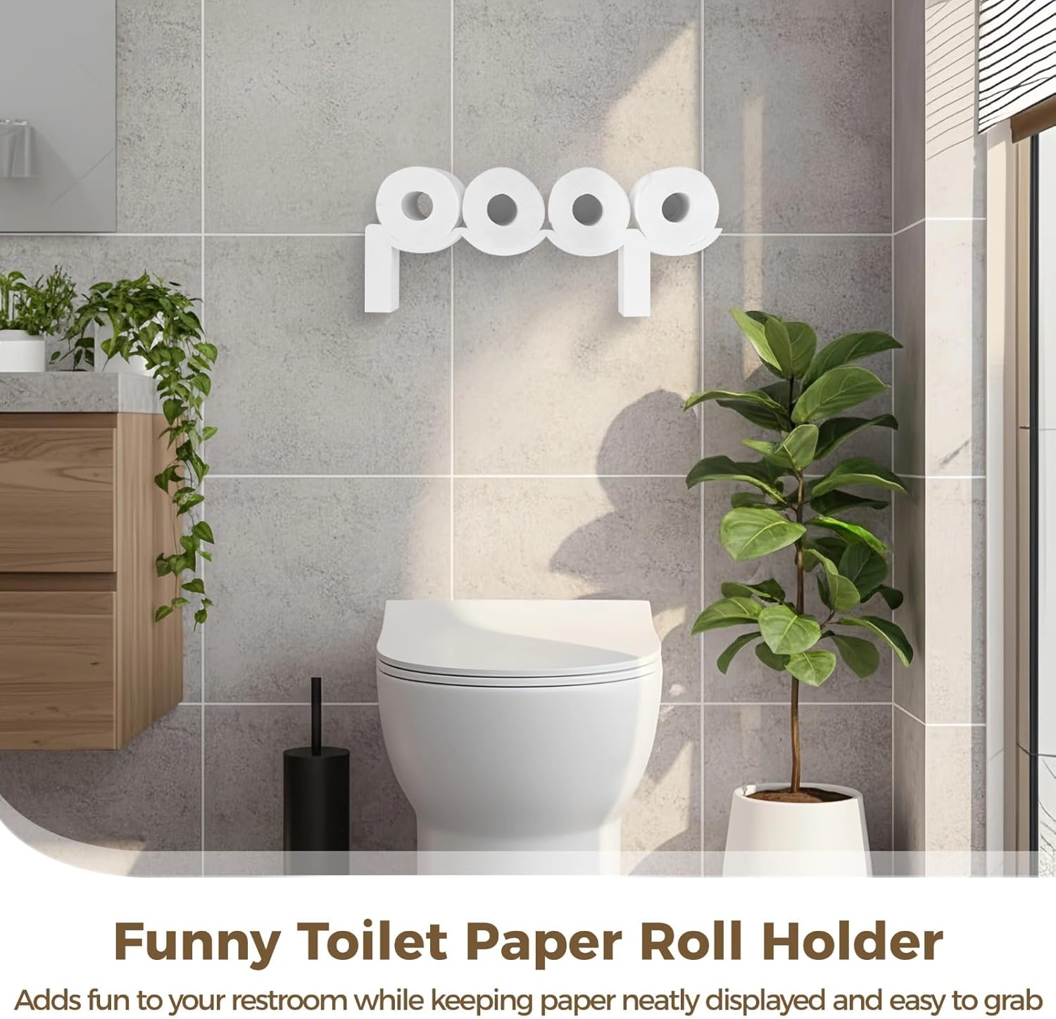 Toilet Paper Roll Holder with Poop Sign, Funny Bathroom Decor, Wall-Mounted Space-Saving Toilet Paper Storage Rack with Screws and Adhesive Mount, Modern Bathroom Wall Organizer