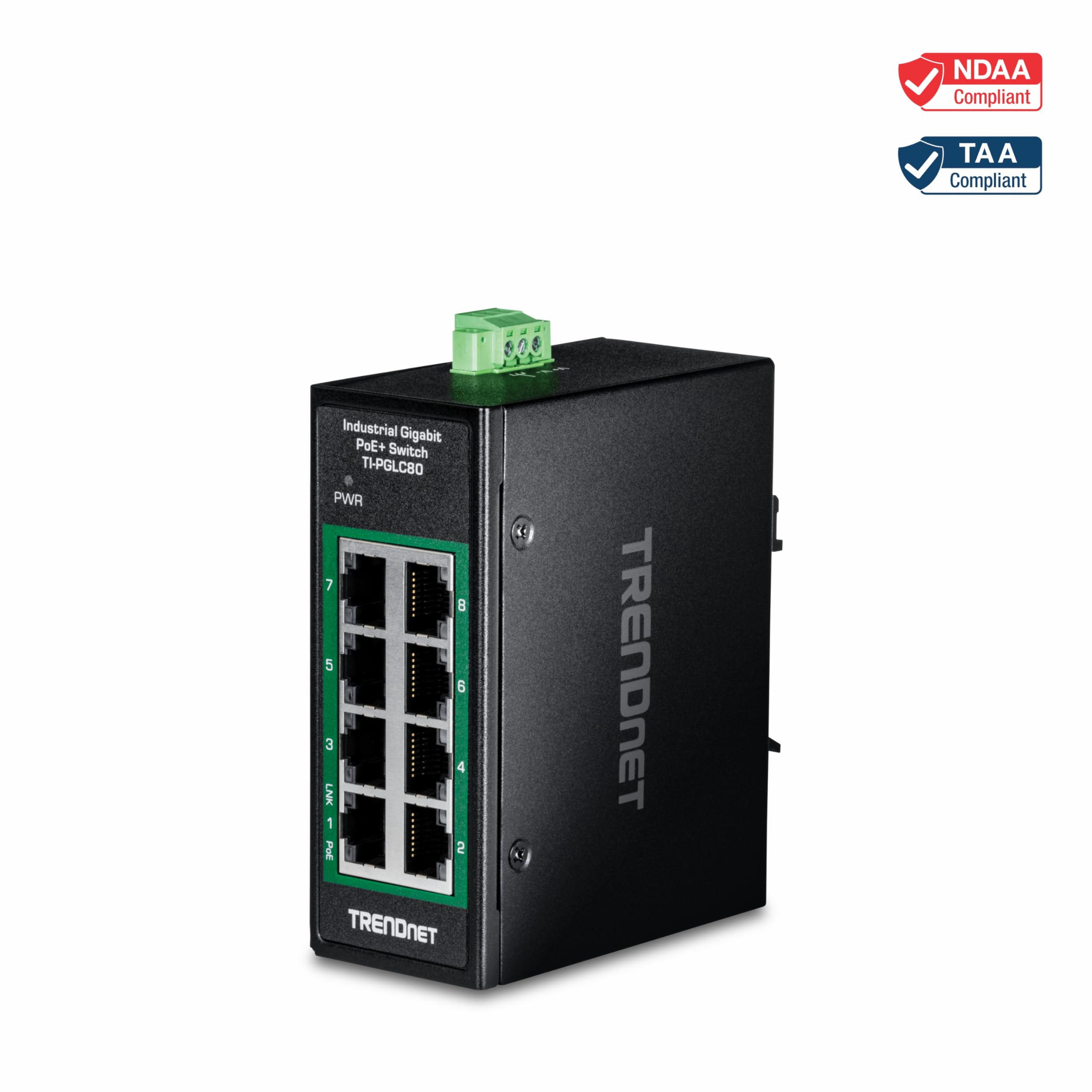 TRENDnet - Mini Interruptor Industrial Gigabit PoE+ DIN-Rail de 8 Puertos, TI-PGLC80, 8 Puertos Gigabit PoE+, 200 W PoE+ de presupuesto de Potencia, 16 Gbps, Compatible con NDAA y TAA
