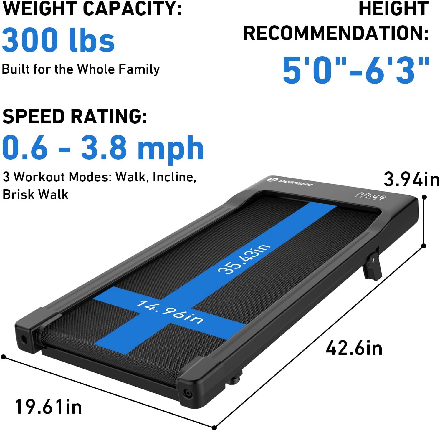 DeerRun 6% Incline Walking Pad, 2.5HP Quiet Under Desk Treadmill with 300lbs Capacity, 3.8MPH, App & Remote Control, Walking Pad Treadmills for Home Office & Small Spaces