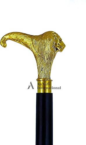 Miniatura 2 de AnNafi Bastón de latón de 36 pulgadas, diseño vintage sólido con cabeza de león, bastón de madera estilo antiguo  Premium Deluxe
