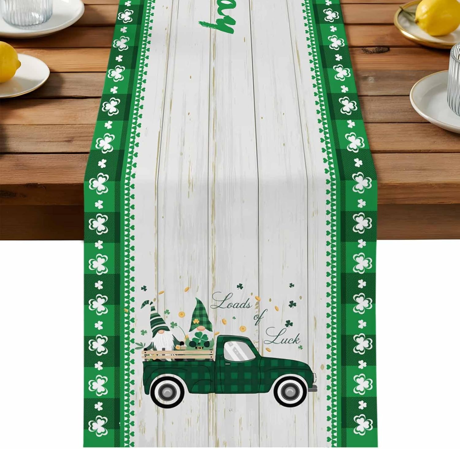 Saint Patrick Table Runners 13x120 Inches Long Washable Gnome Little Truck Loads of Clover Wooden Plank Table Runner for Round Table Kitchen Coffee Dining End Table Living Room Use