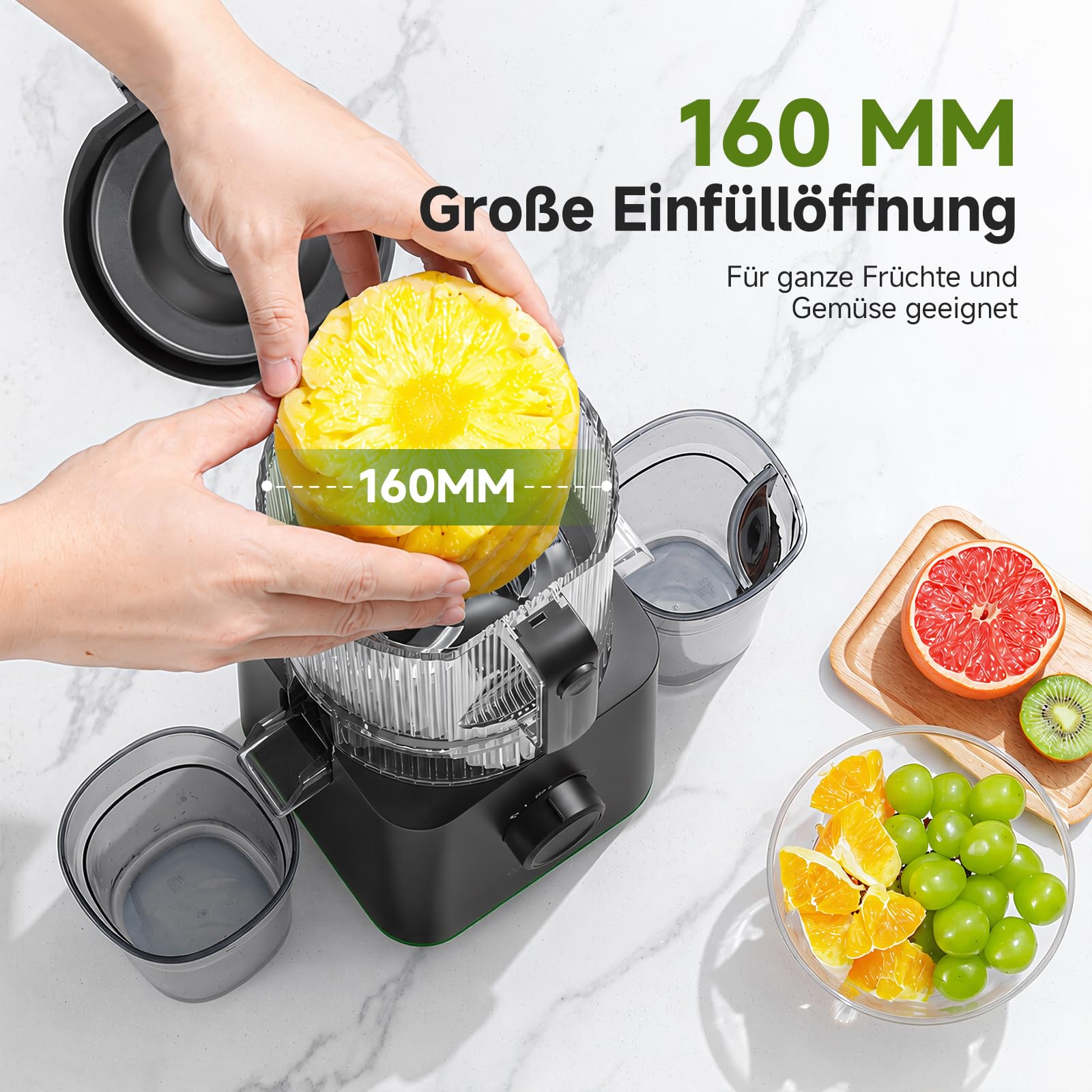 AMZCHEF Slow Juicer 600W 160 mm Einfüllschacht 2,5L Kaltpresse Saftpresse Matt Schwarz