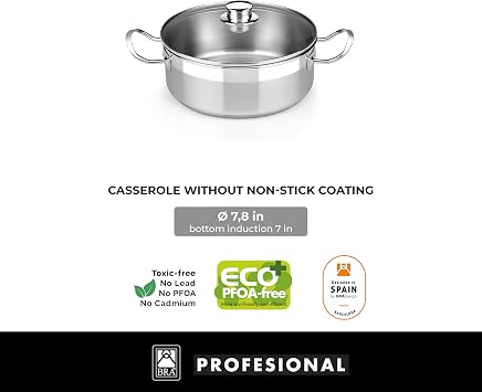 BRA COOKWARE Profesional 8-Piece Stainless Steel Cookware Set | Professional Pots & Pans Set | Kitchen Set w/ 2 Pots, 1 Saute Pan, 2 Frying Pans, 3 Lids | All Heat Sources Compatible | PFOA Free