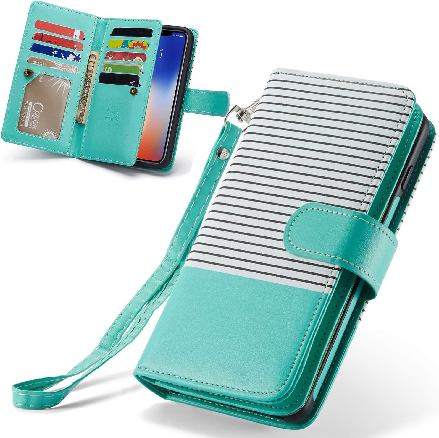 XRPow iPhone XR Case, [2 in 1] iPhone XR Magnetic Detachable Wallet Case [PU Leather] Folio Flip [9 Card Slot] [Wrist Strap] Durable Protection Back Cover for iPhone XR 6.1Inch (Green)