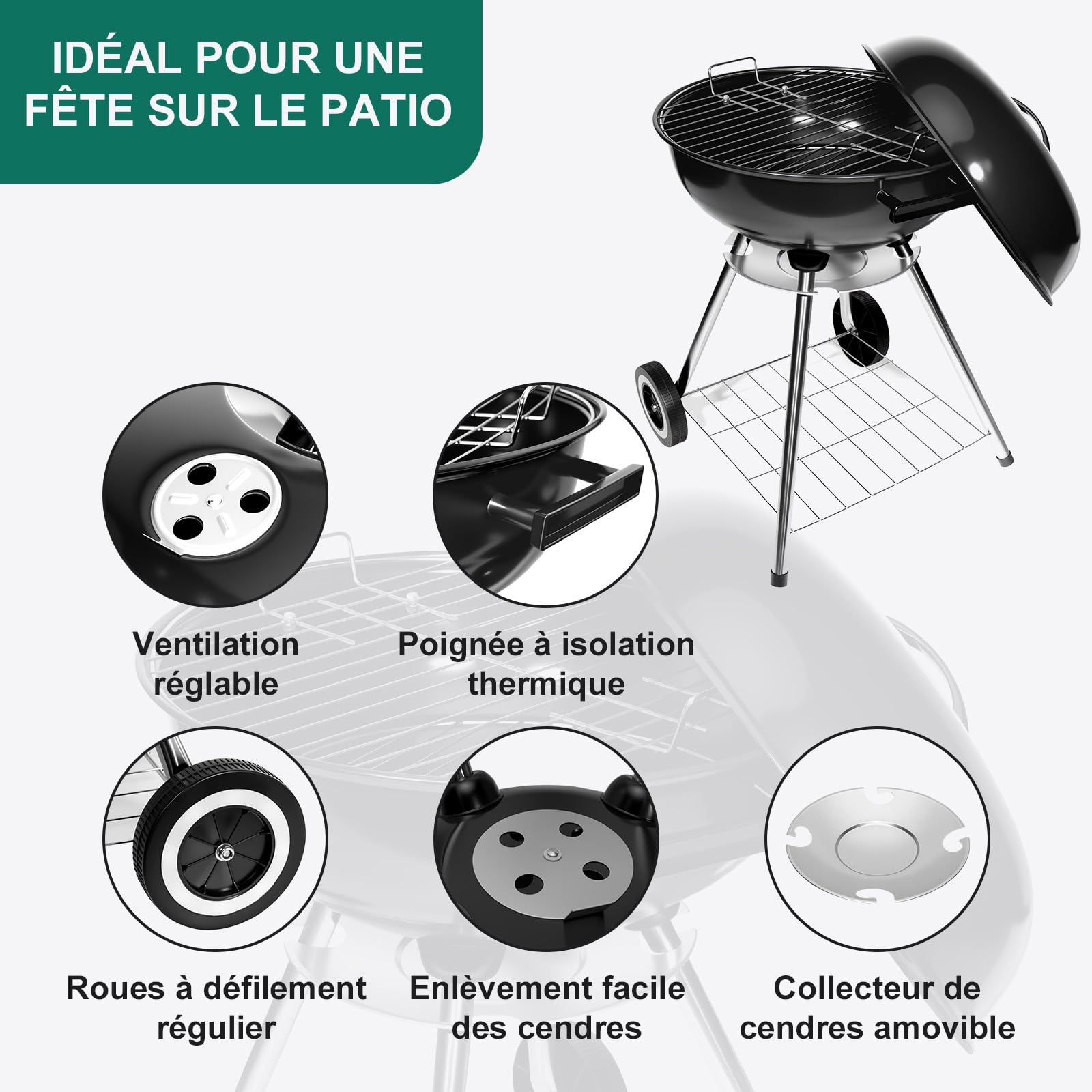 HYCHIKA Barbecue Charbon de Bois, Barbecues à charbon Ø47cm 18pouce Rond Vertical BBQ Compact Grill avec Couvercle Grille Chromée Roues, pour le Jardin Balcon Camping L'extérieur