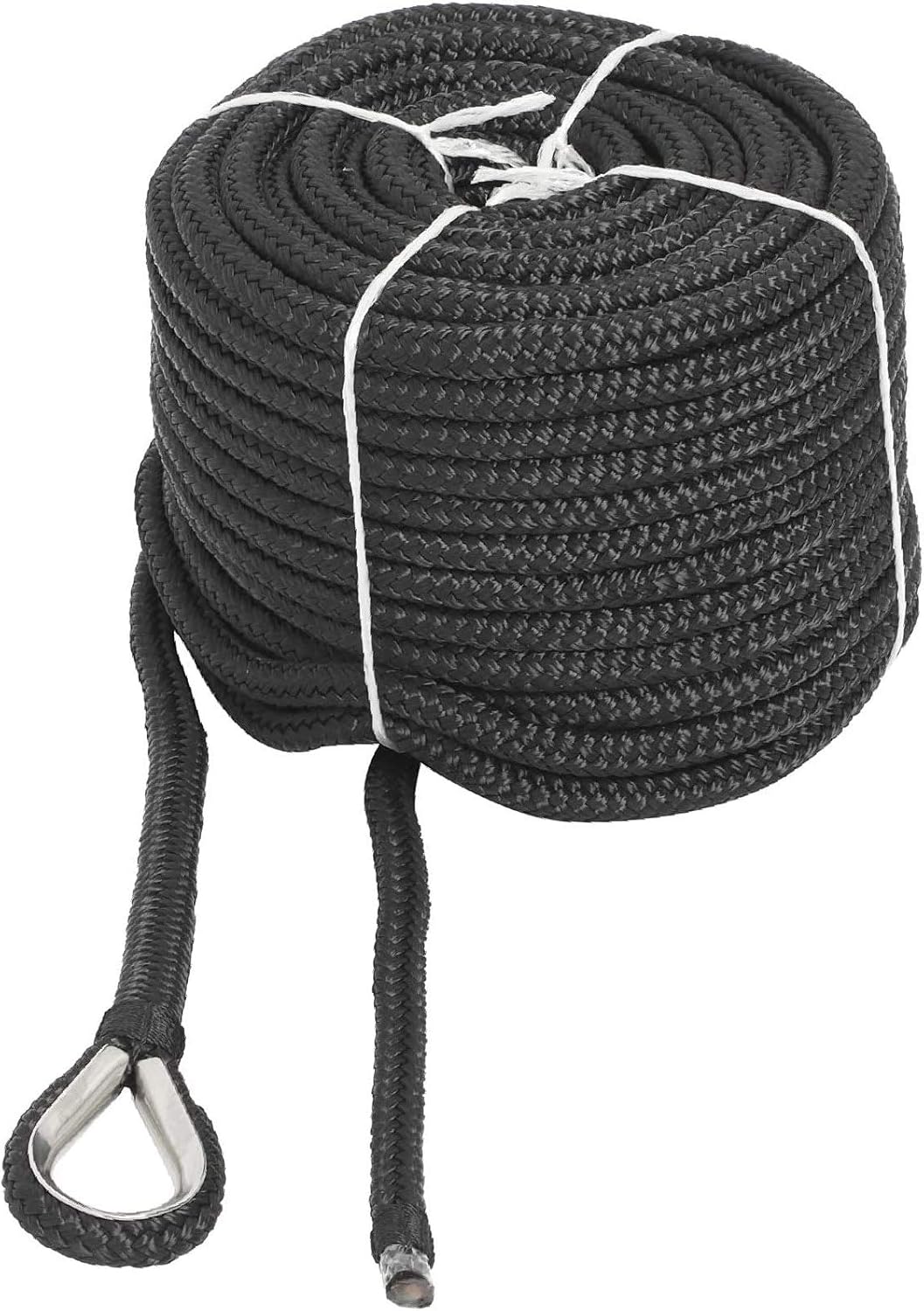 NovelBee 1/2" x 100' Double Braid Nylon Anchor Line with Stainless Steel Thimble,Safe Workload:1,020 Lbs;Tensile Strength:5,100 Lbs (Black)
