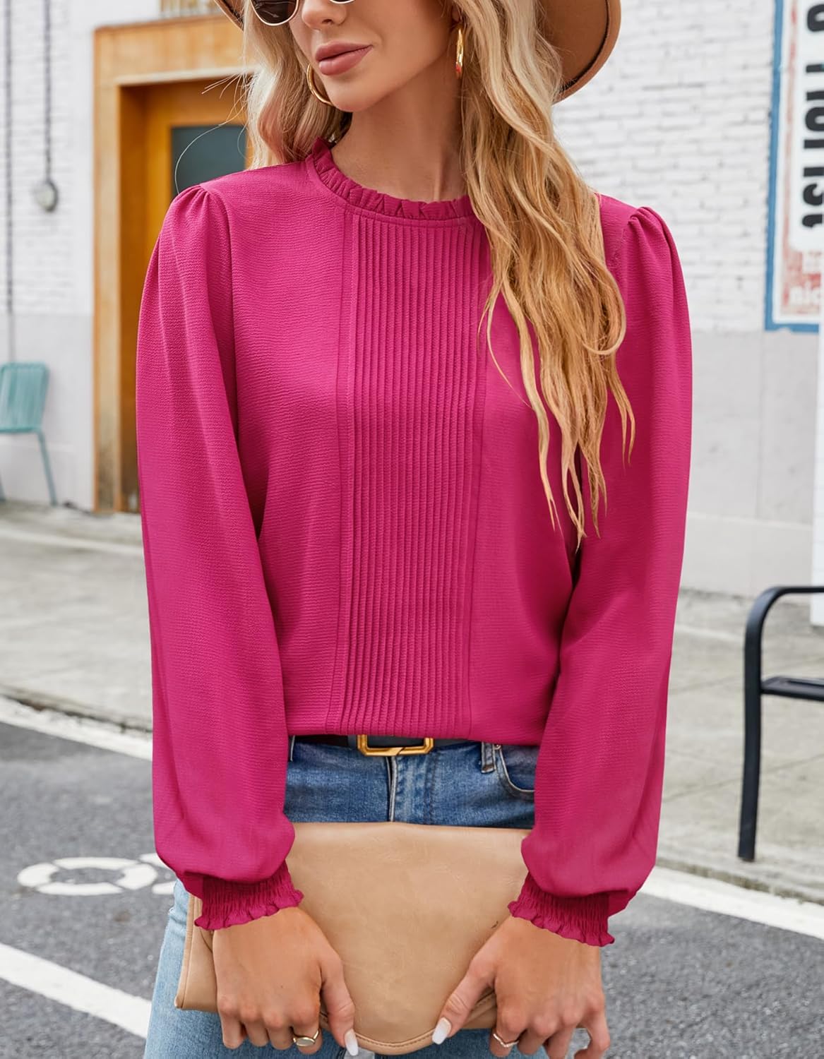 Aifer Womens Frill Mock Neck Puff Long Sleeve Blouses Dressy Pleated Front Work Shirts Business Casual Spring Tops - Image 4