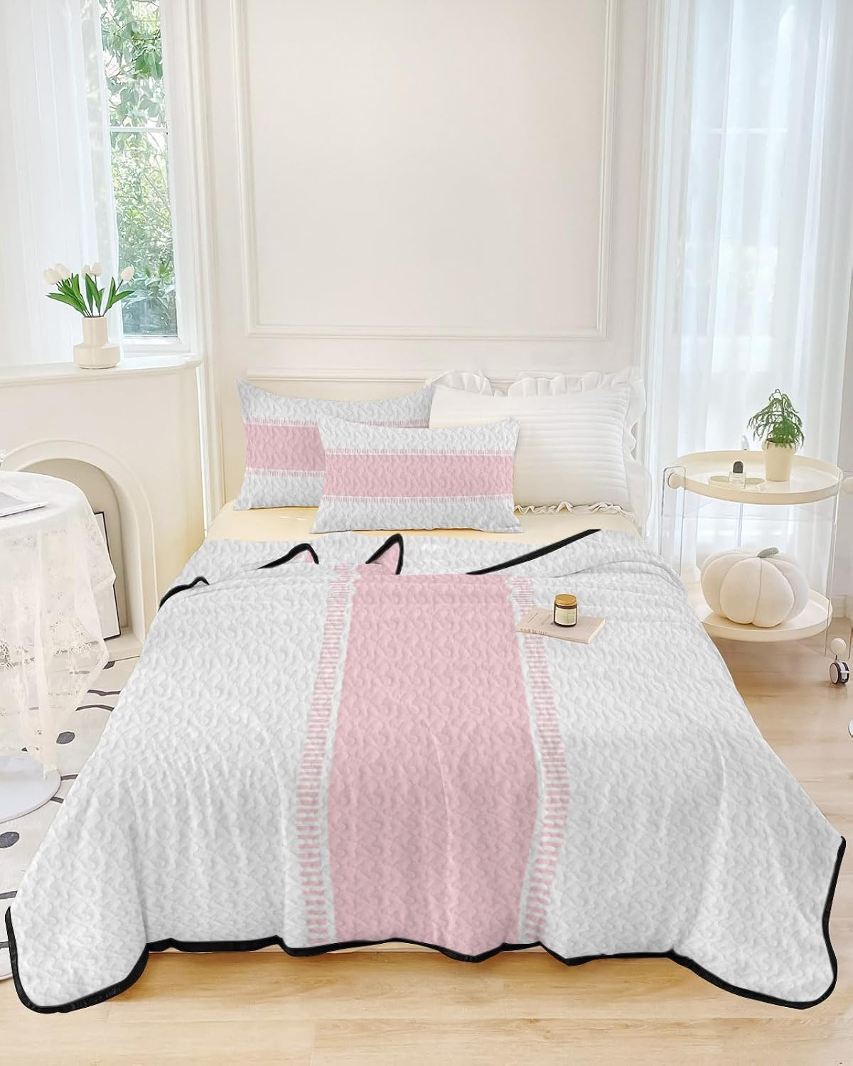 Full Size Quilt Set, Pink Stripe Lightweight Bedspread Coverlet Set Soft Microfiber Summer Quilt with 2 Pillow Shams, Solid Color Minimalist Style 3 Piece Comforter Bedding Set