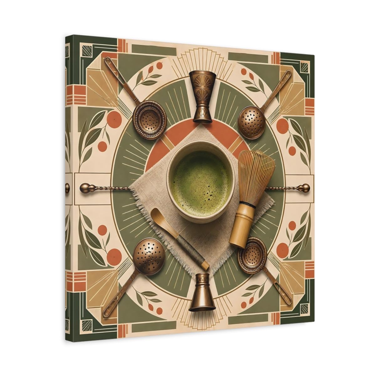 Vintage Matcha Tools Green And Bronze Canvas Print – Art Deco Kitchen, Dining Area Wall 20×20 inch (50×50 cm) - Square / 1.25 inch (3 cm)