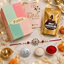 Frostick Designer Rakhi With Branded Chocolate for Bhaiya/Bhai/Brother With Greeting Card, Tilak Chawal and Silver coin (Random Design Rakhi) gallery image